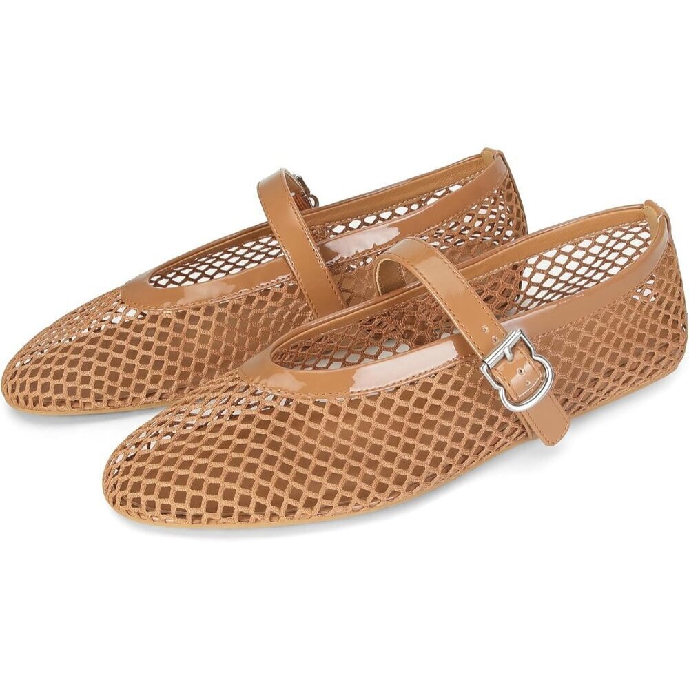 Women's Mesh Ballet Flats Buckle Strap Comfy Casual Office Fishnet Shoes Brown